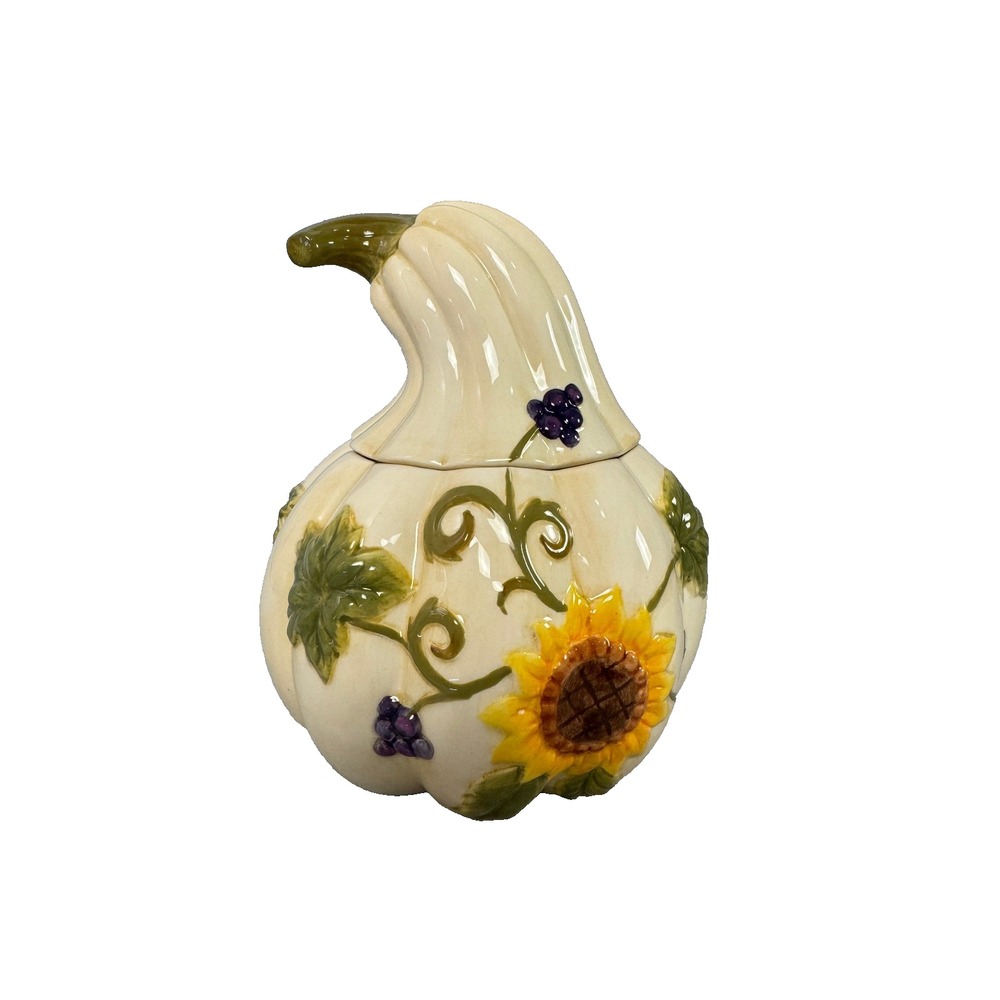 Vintage Gourd Pumpkin Candy Cookie Jar Hand Painted Sunflowers Grape Vines